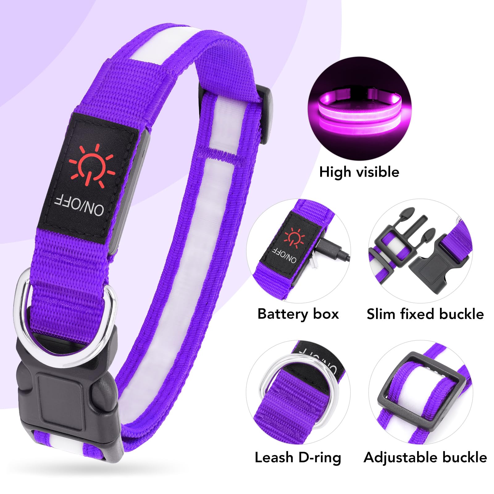 Vizpet collar LED alta visibilidad para paseos nocturnos seguros.
