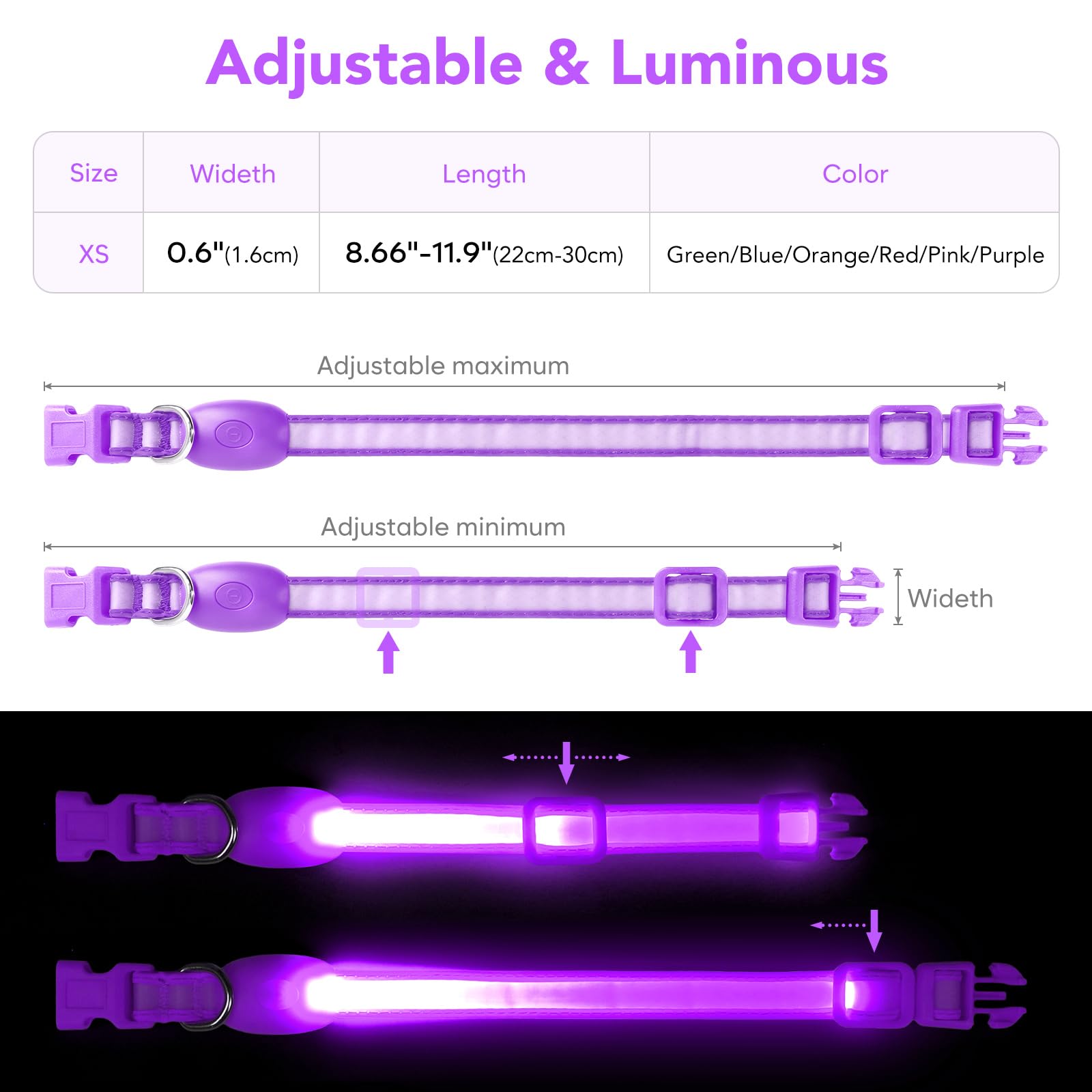 Vizpet collar luz para perros pequeños en morado, llamativo y cómodo de llevar.