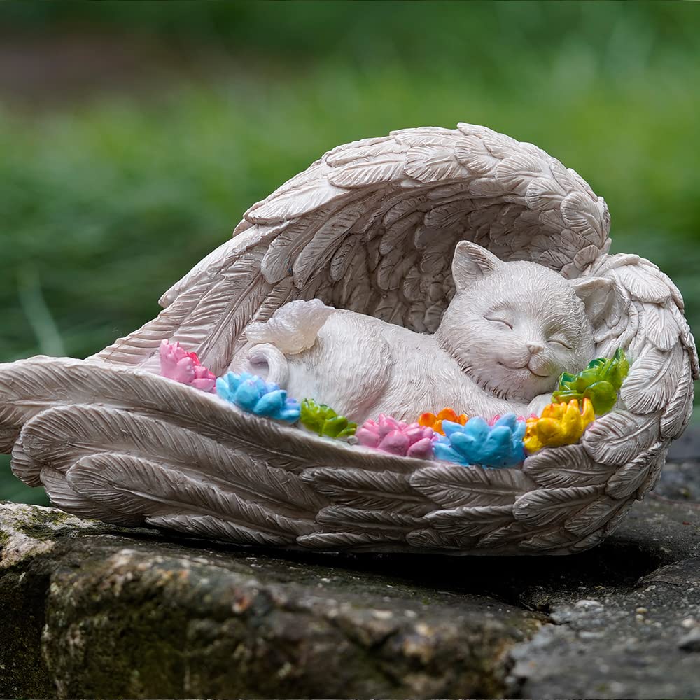 Escultura de gato memorial para jardín, alas de ángel