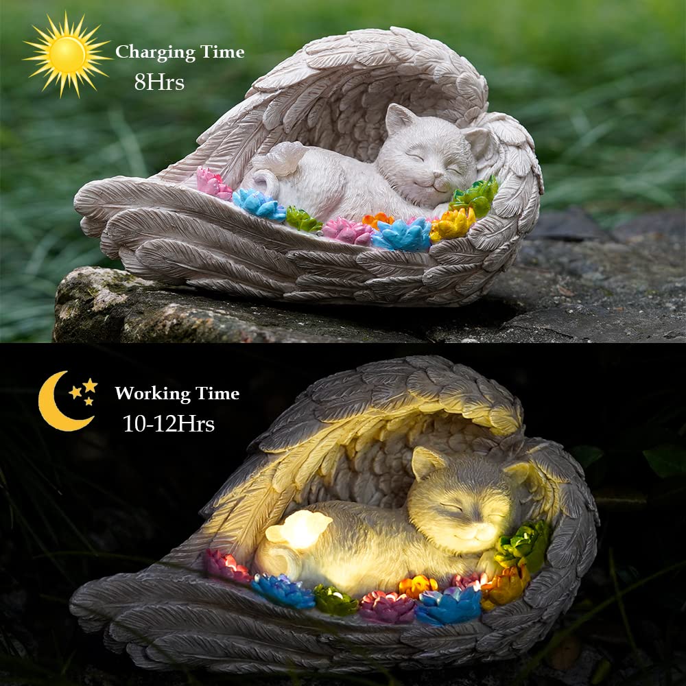 Memorial de gato en resina para jardín, diseño con ángeles