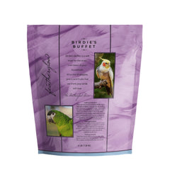 Volkman Featherglow Birdie's Buffet muestra mezcla de verduras, granos y frutas para dieta balanceada.
