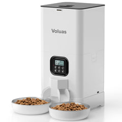 Voluas alimentador automático con dobles tazones de acero inoxidable para dos gatos.