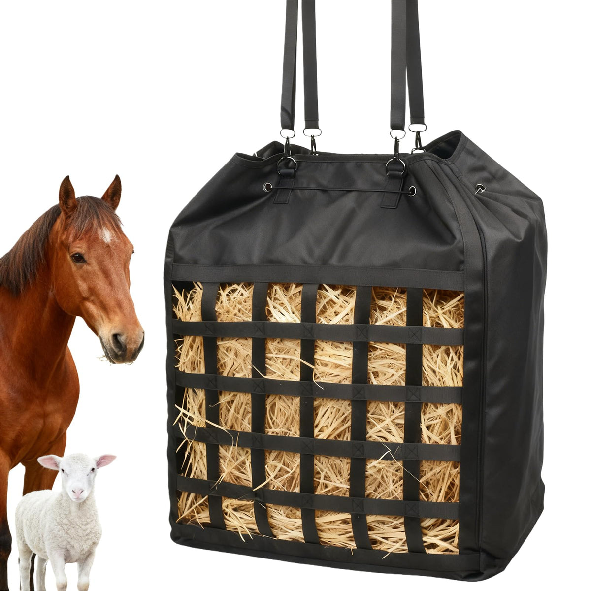 Vorhomness bolsa de heno extra grande, vista frontal, alta capacidad para alimentar ganado.