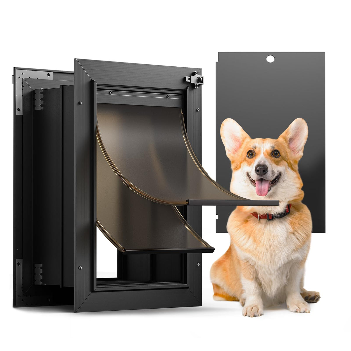VOSOIR puerta para perro de aluminio, vista general; opción duradera para uso interior y exterior.