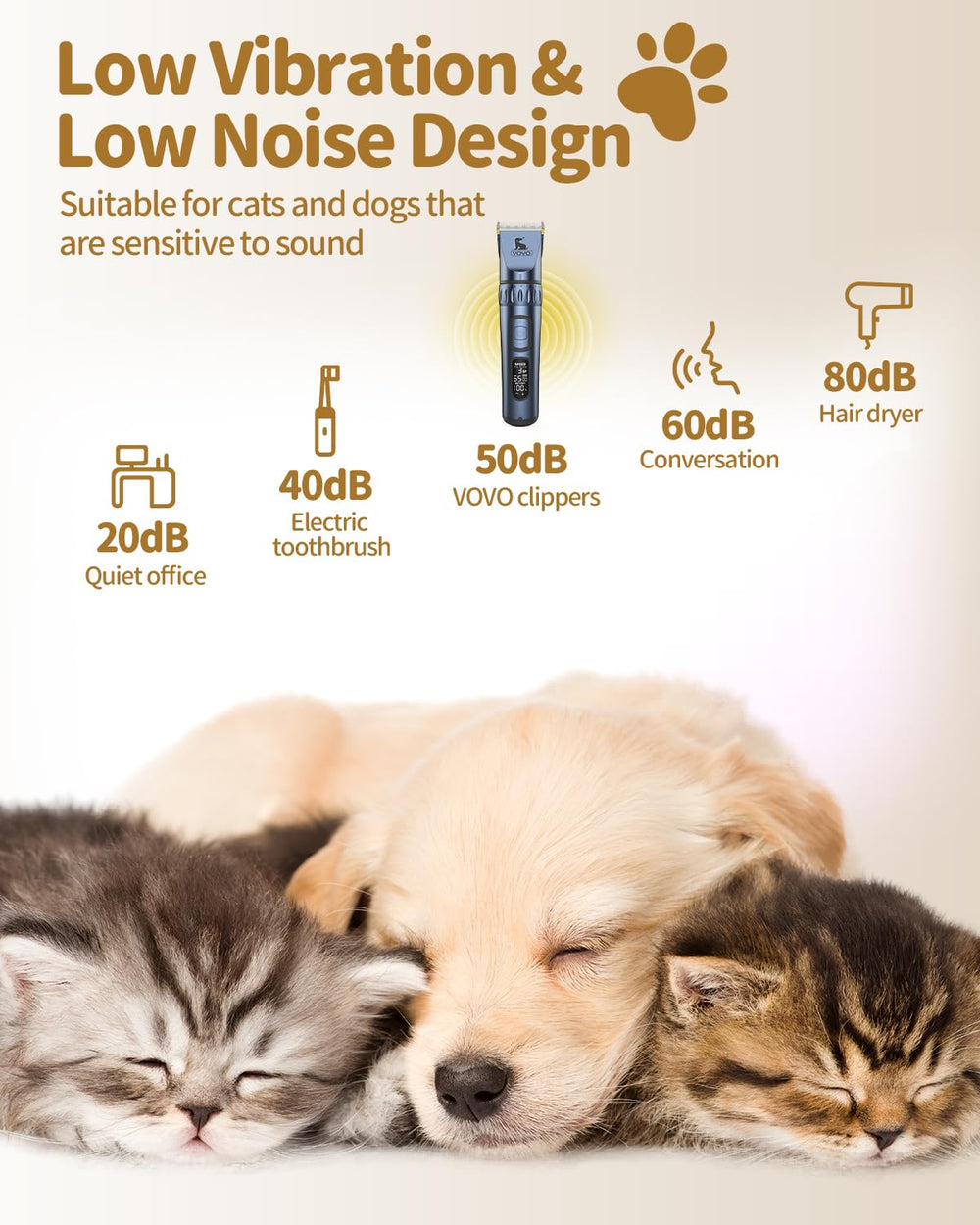 Diseño de bajo ruido de Vovo, ideal para mascotas sensibles.