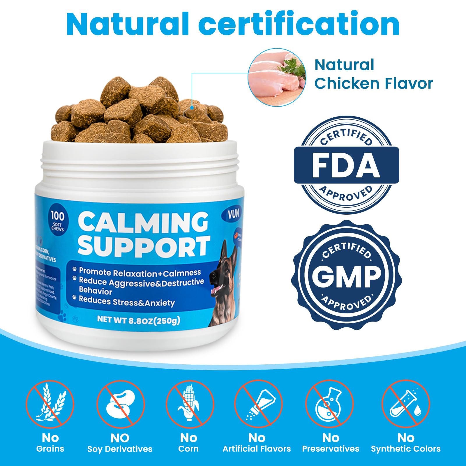 VUN Calming Chews, perro en coche disfrutando de la calma durante el viaje