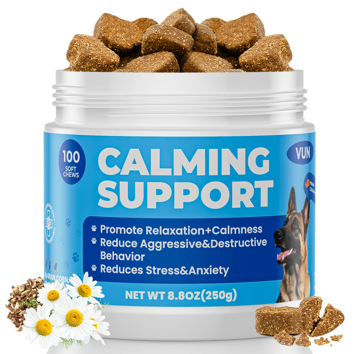 VUN Calming Chews para perro masticando, tranquiliza durante viajes y ruidos fuertes