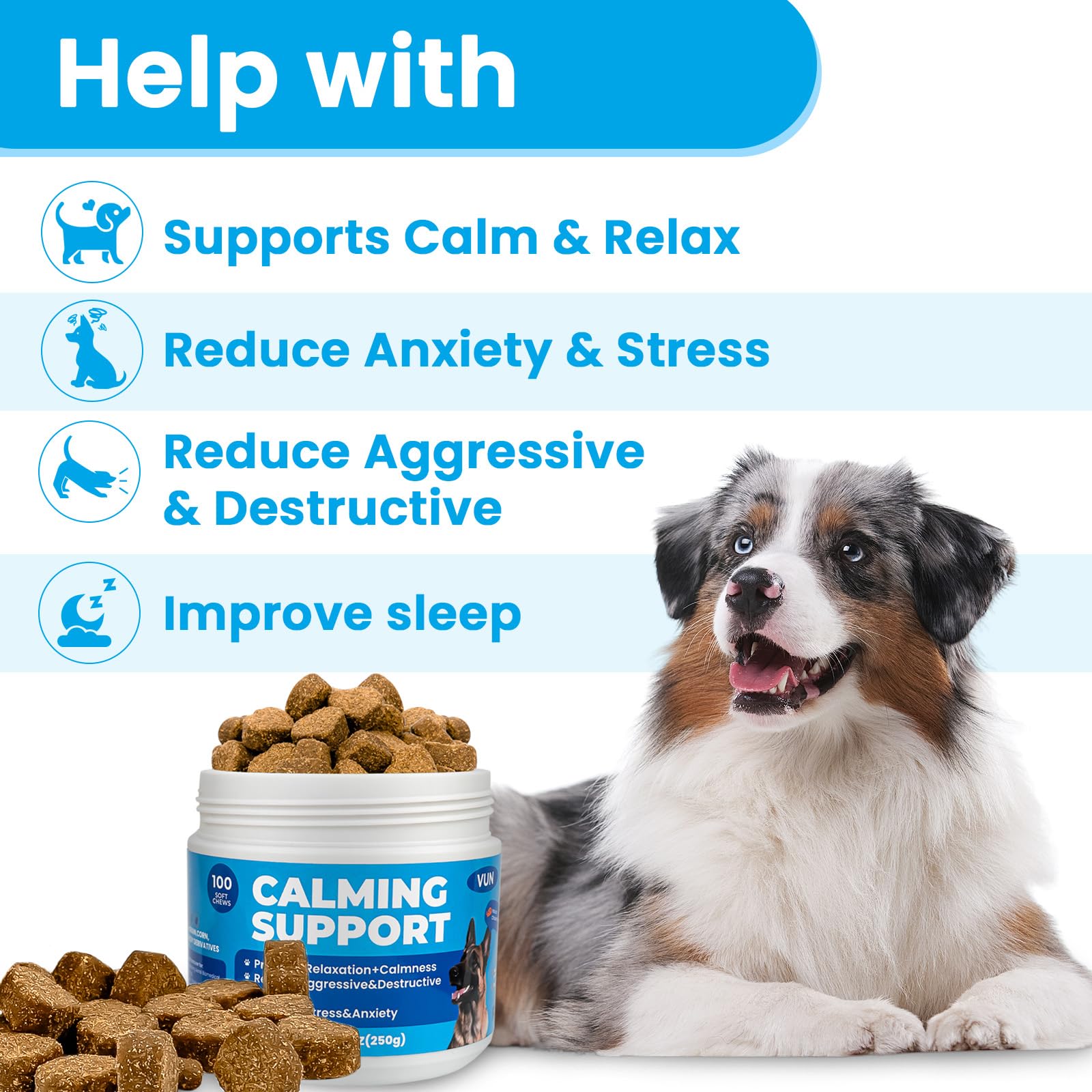 VUN Calming Chews, textura suave para masticar sin esfuerzo