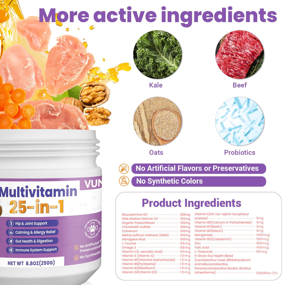 VUN Dog Multivitamin con foco en brillo de pelaje y piel saludable.