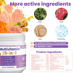 VUN Dog Multivitamin con foco en brillo de pelaje y piel saludable.