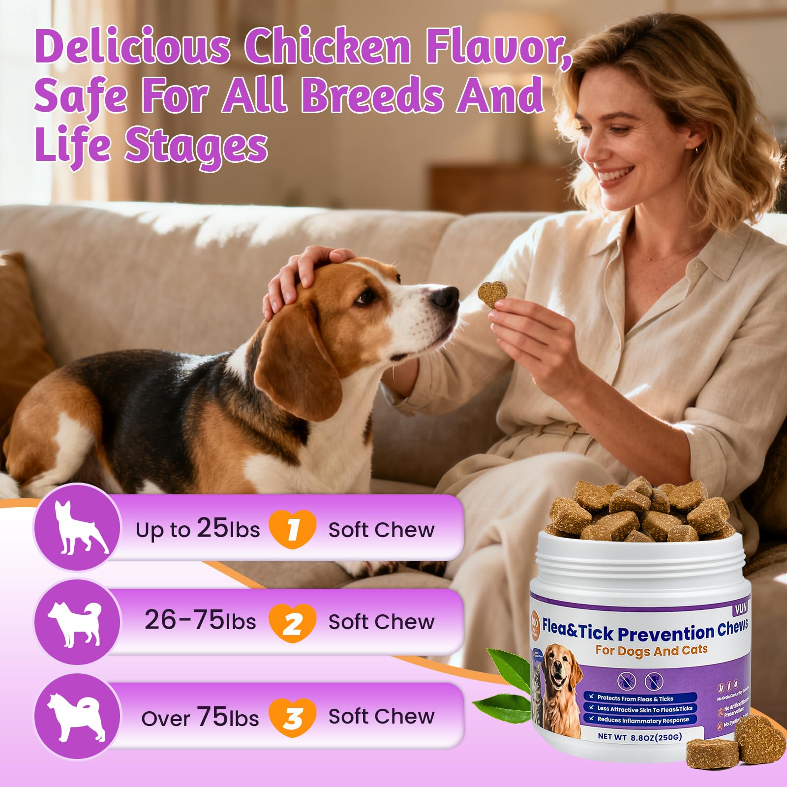Etiqueta de ingredientes naturales de VUN para perros y su cuidado general.