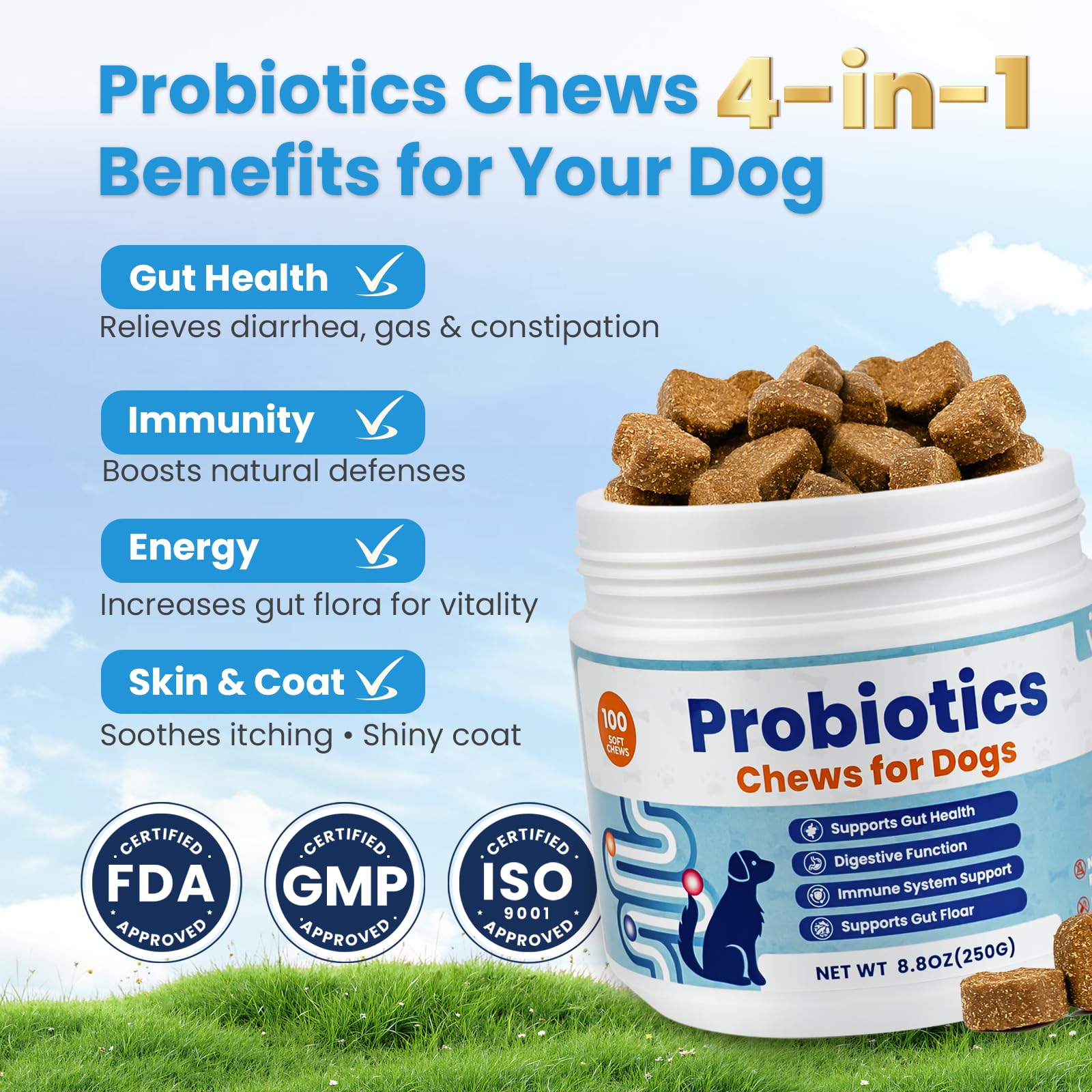 VUN Probiotics para perros, bocaditos suaves con sabor agradable.