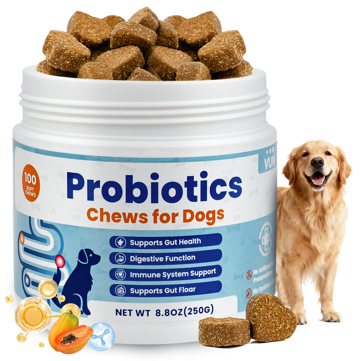 VUN Probiotics para perros, envase práctico para dosis diaria.