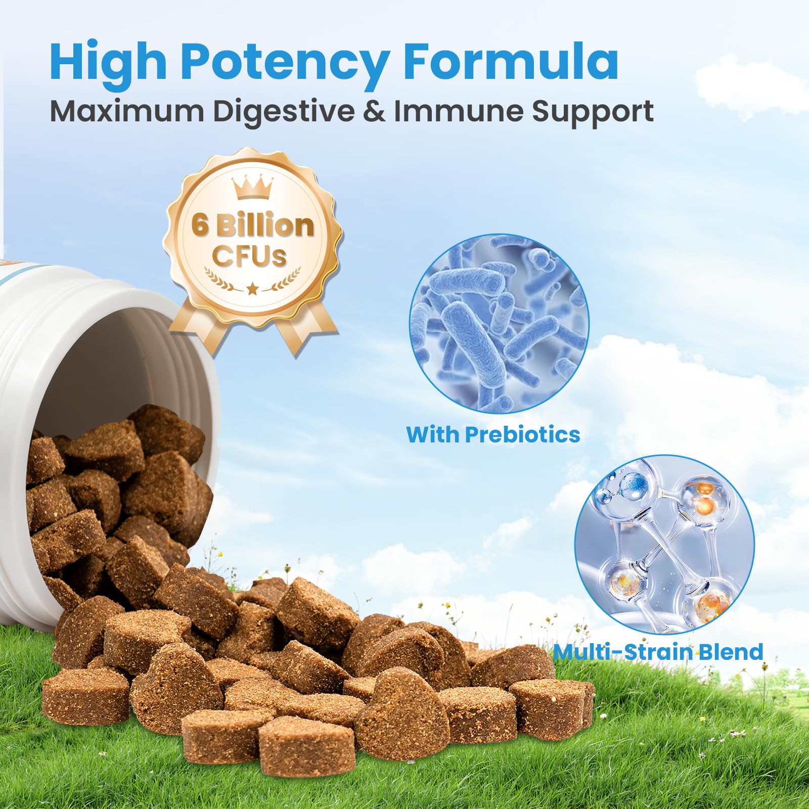 VUN Probiotics para perros, fórmula limpia sin colorantes artificiales.