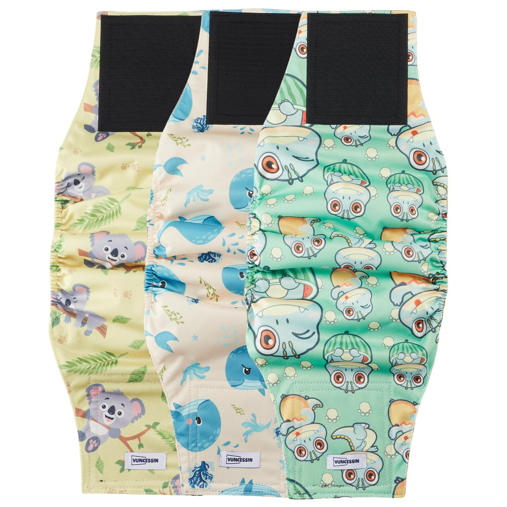 Pañales lavables VUNCESSIN con 3 patrones para perro macho, reutilizables y cómodos.