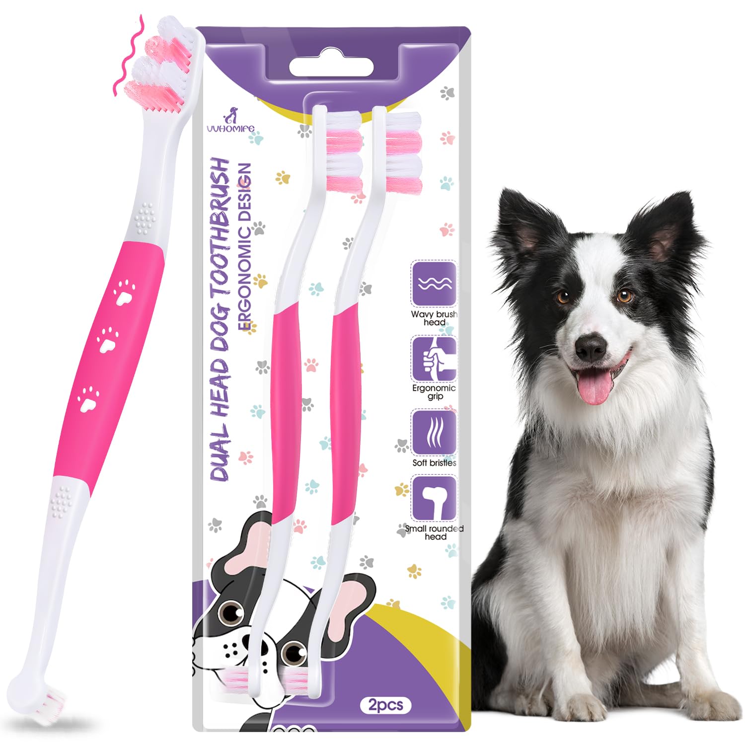 VVHOMIFE cepillo dental para perros con dos cabezas y rosa, limpieza diaria efectiva.