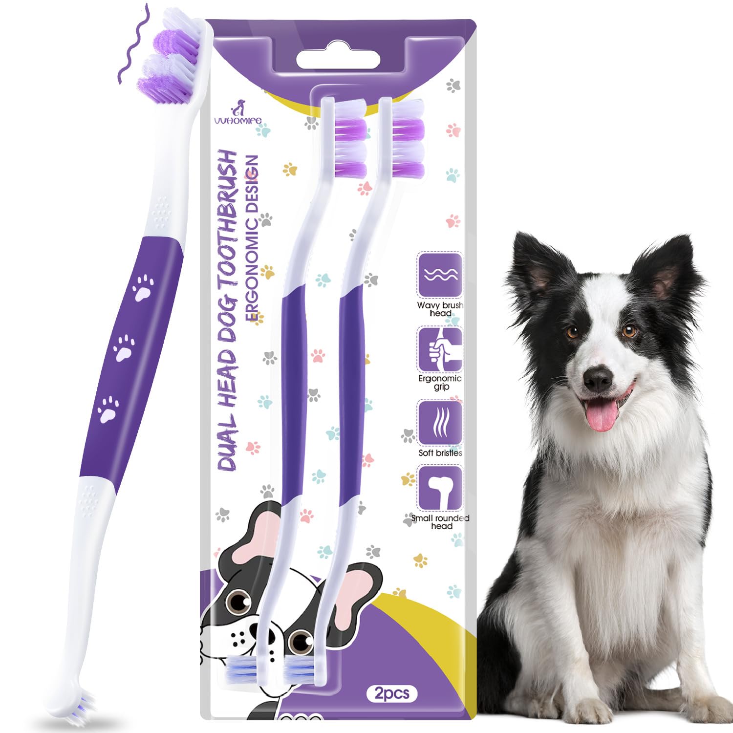 VVHOMIFE cepillo para perros con doble cabezal para una limpieza dental más completa.