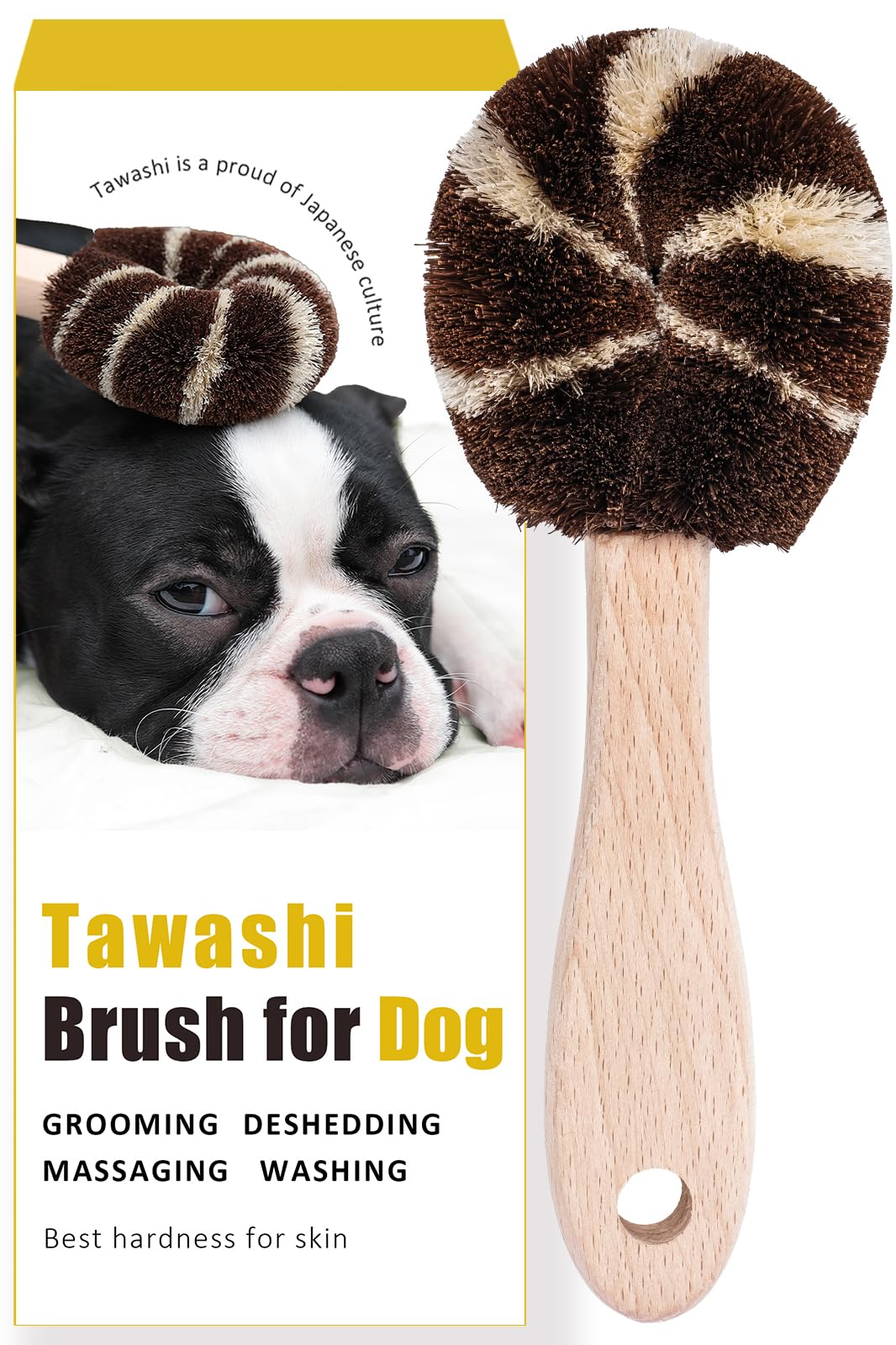 Cepillo tawashi natural de Wablade para perros en la mano, cepillado suave para pelaje diario.