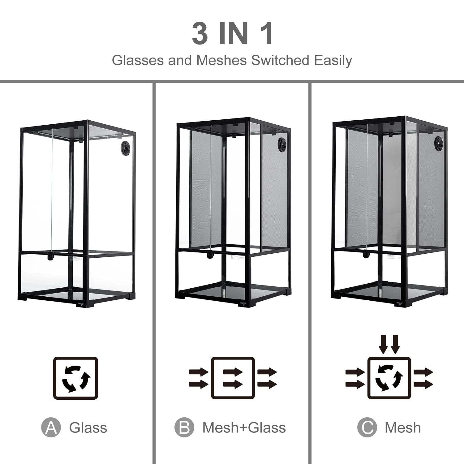 WACOOL tanque reptil 50 gal diseño 3-en-1 en lados ofrece flexibilidad para distintas especies.