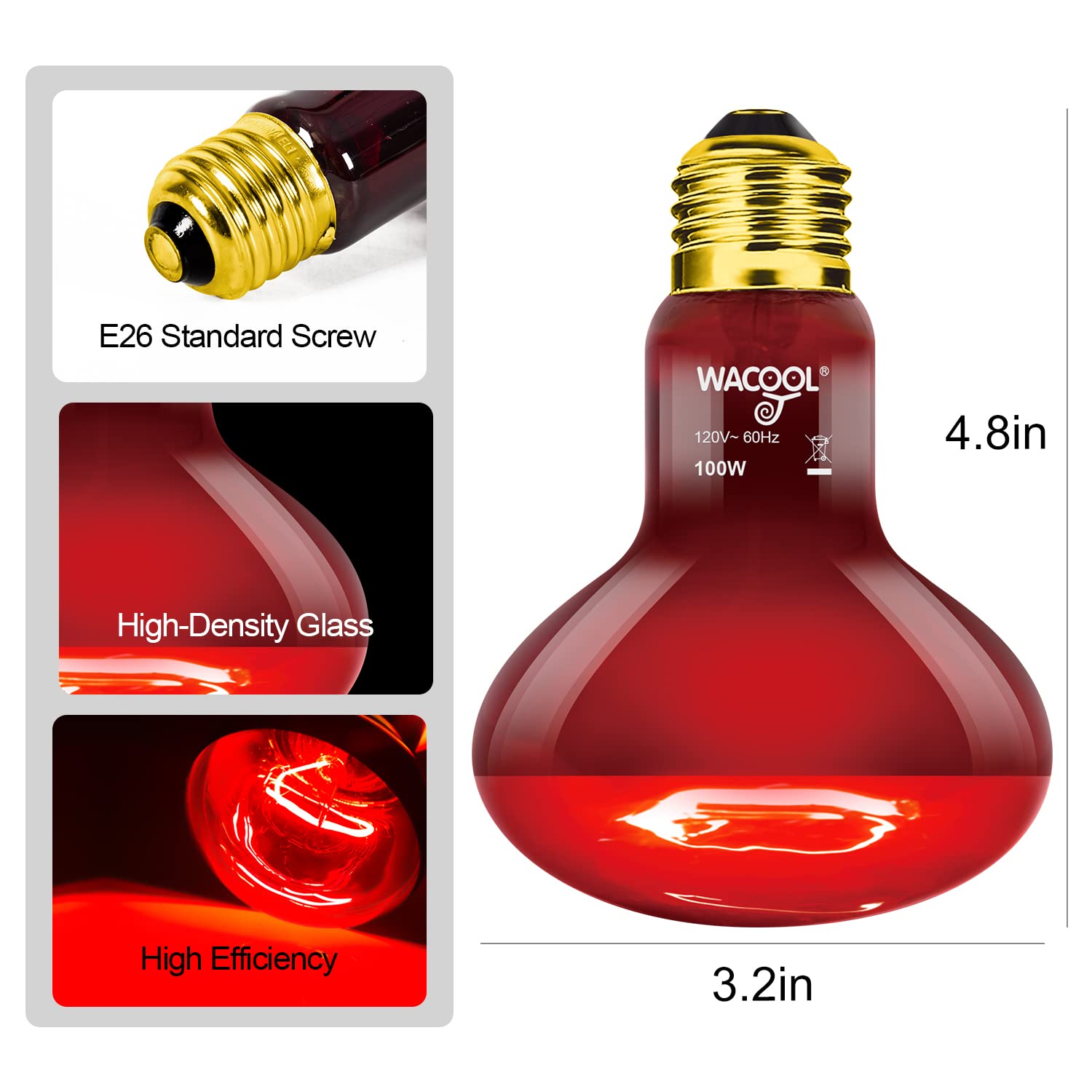 Bombilla infrarroja WACOOL Terra de 100W para calor nocturno seguro.