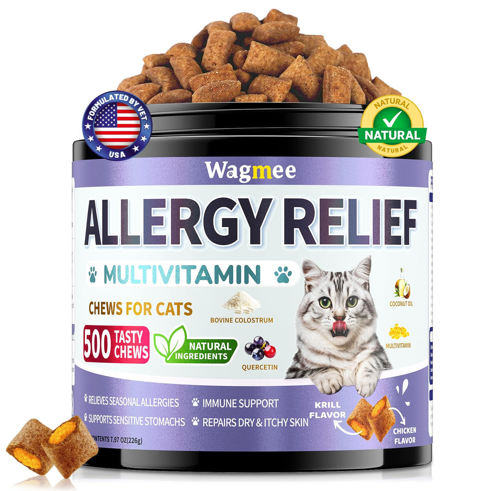 Wagmee alivia alergias felinas, botella con chews crujientes para prueba inicial