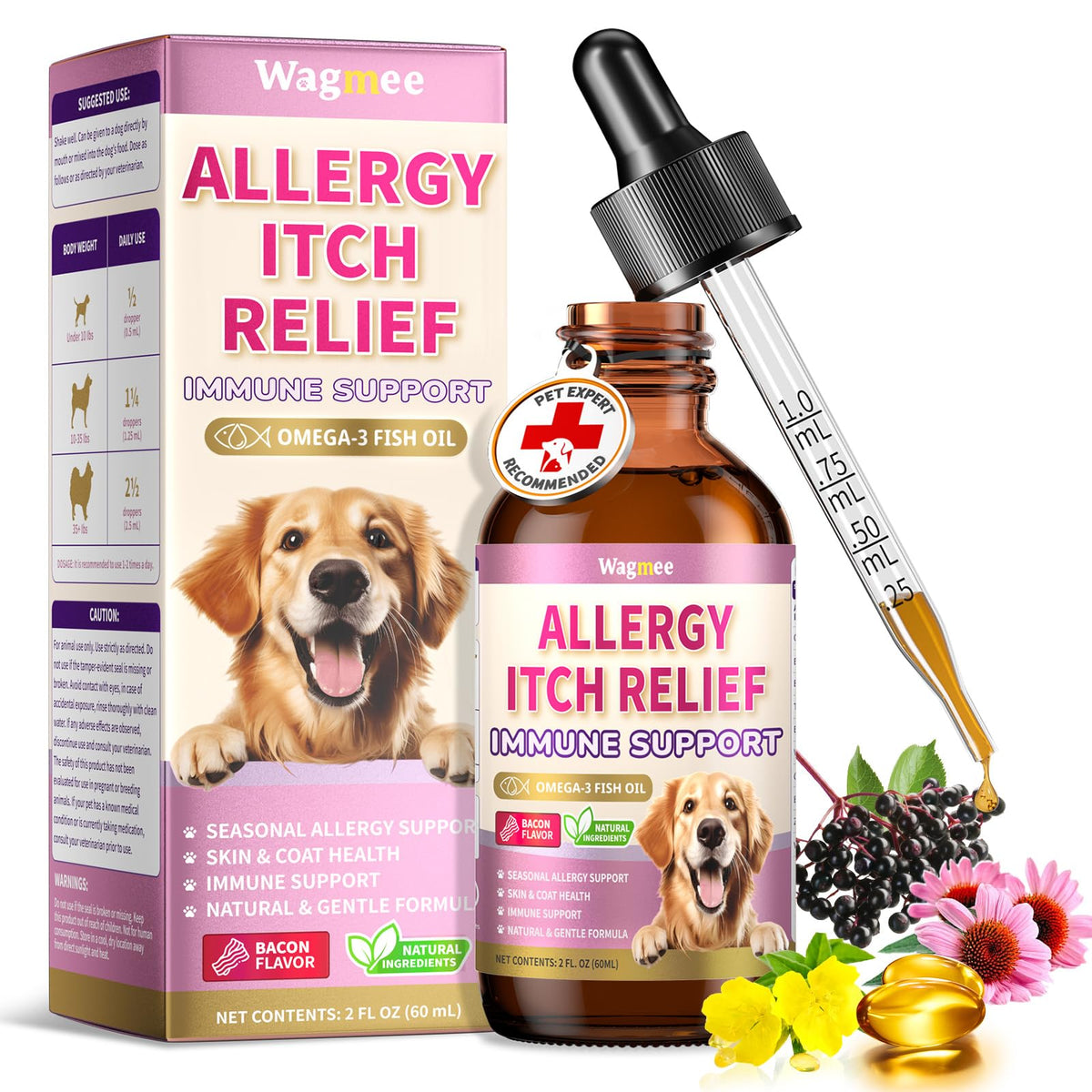 Gotas Wagmee para perros, botella visible, alivio suave de alergias en temporada