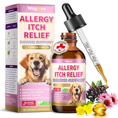 Gotas Wagmee para perros, botella visible, alivio suave de alergias en temporada