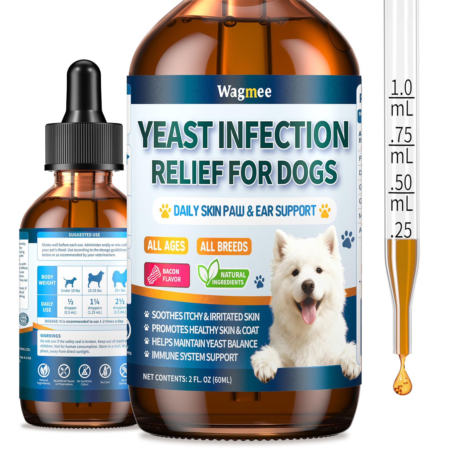 Wagmee alivio levadura para perros aplicándose en orejas para confort y060