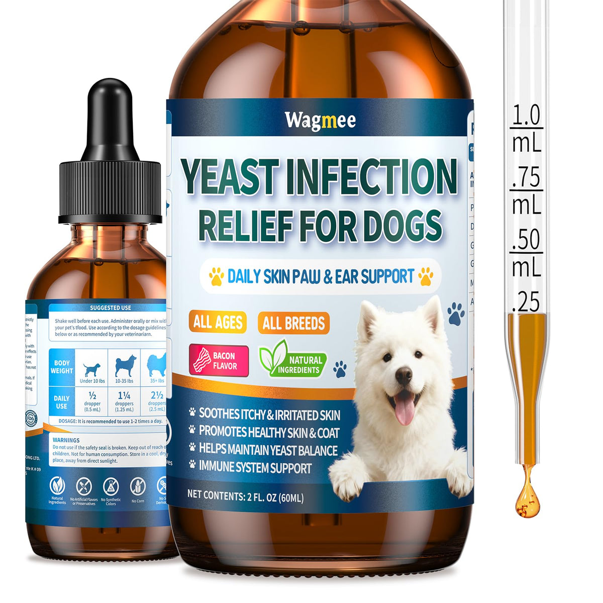 Wagmee alivio levadura para perros aplicándose en orejas para confort y060