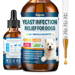 Wagmee alivio levadura para perros aplicándose en orejas para confort y060