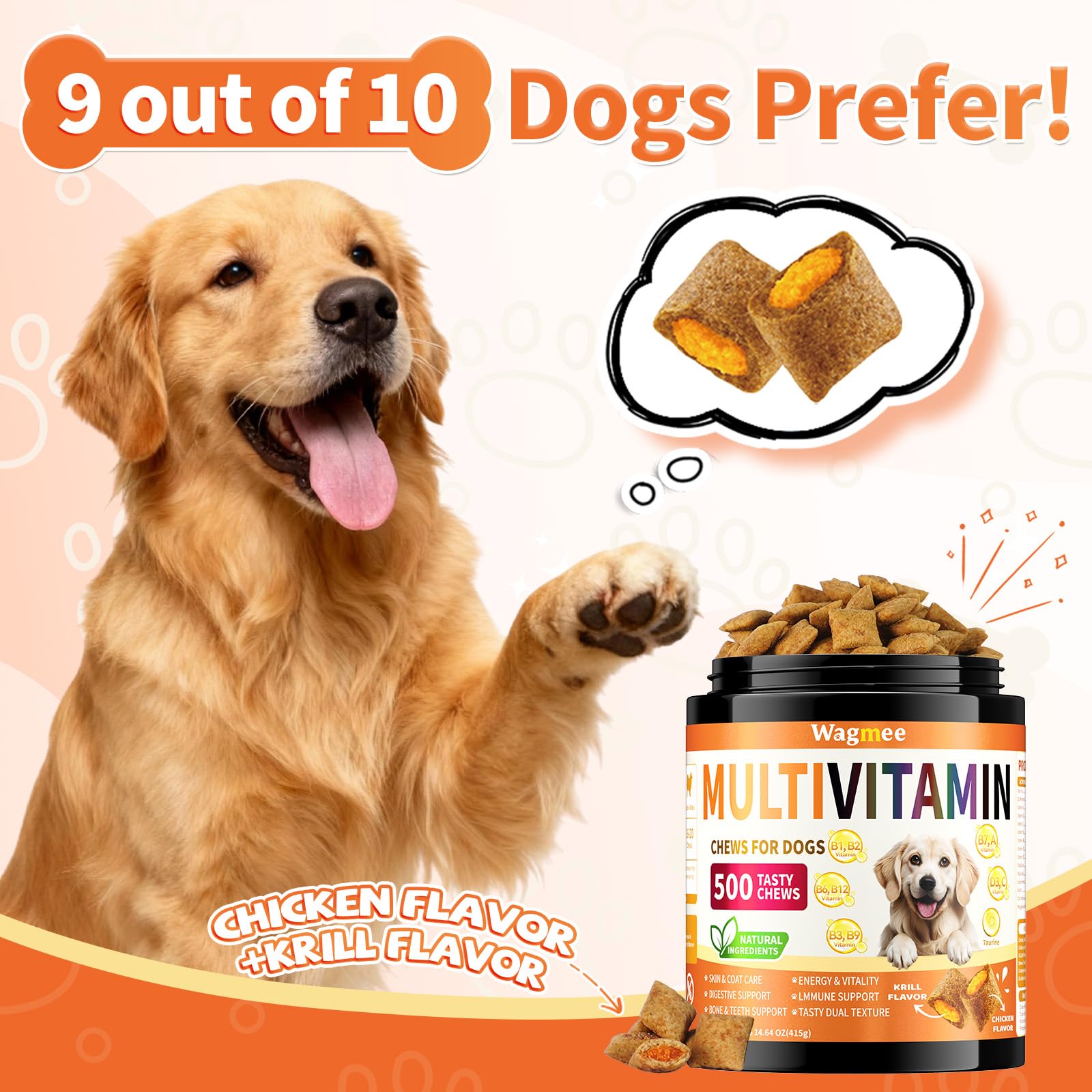 Chuches Wagmee suaves con sabor a pollo para perros selectos.