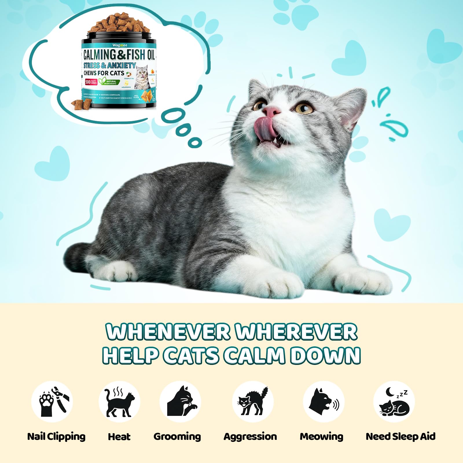 Envase Wagmee de 500 bocados para gatos de todas las edades.