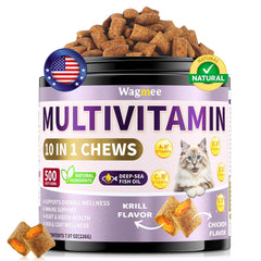 Gato Wagmee multivitamínico en botella con sabor krill para energía y salud diaria.