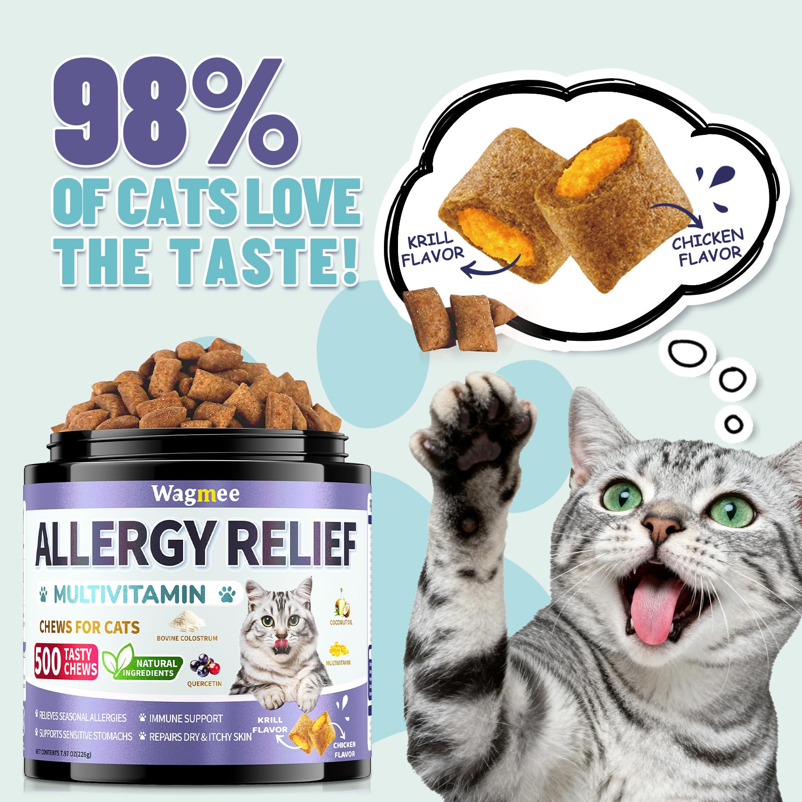 Gato disfruta sabor pollo y krill Wagmee, snack diario para alergias