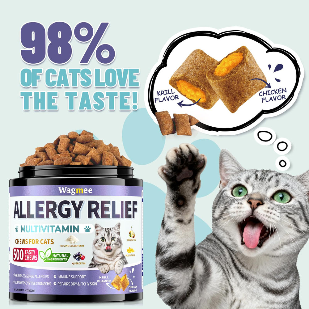 Gato disfruta sabor pollo y krill Wagmee, snack diario para alergias