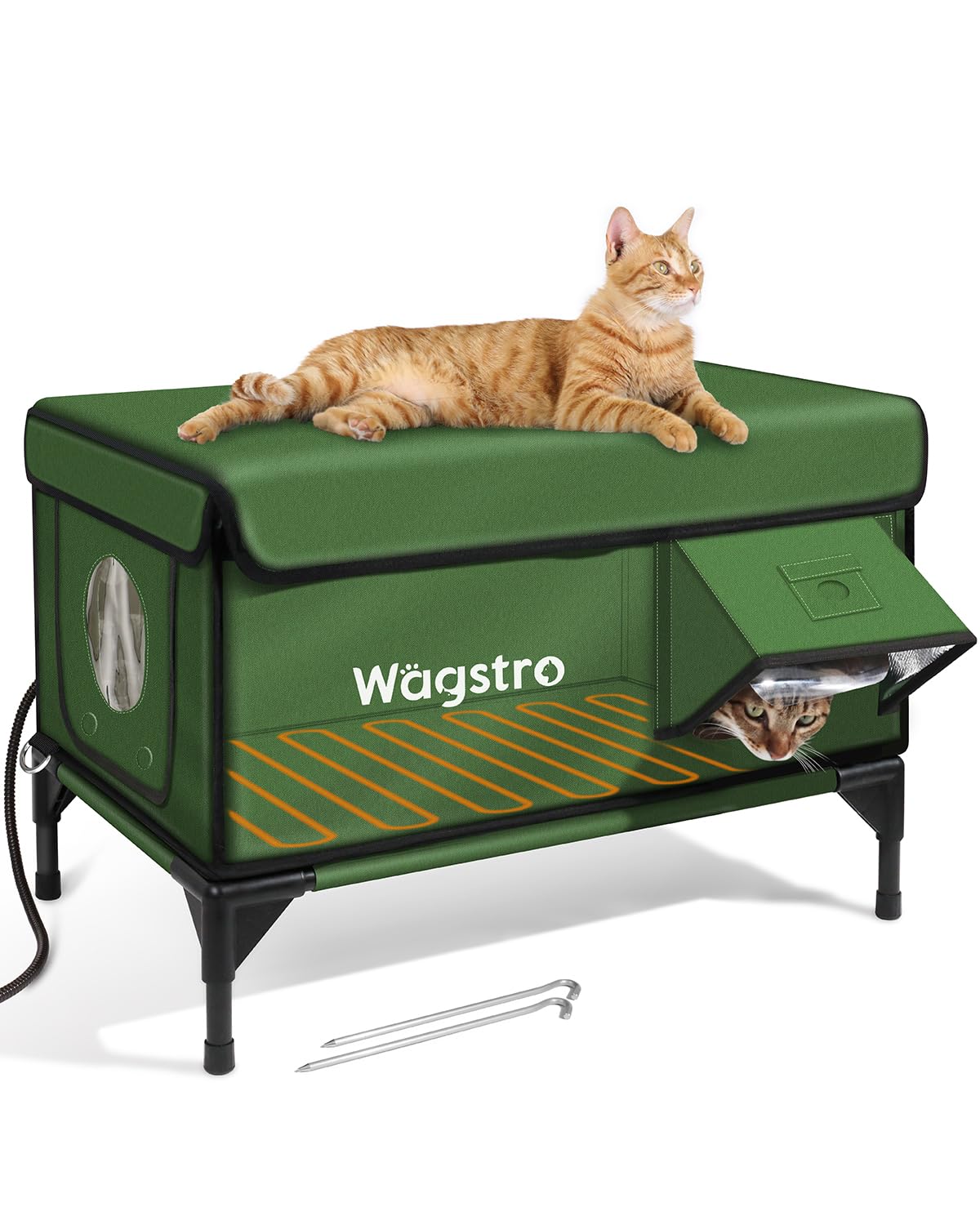 Wagstro casa de gatos calefaccionada exterior verde, vista frontal para confort al aire libre.