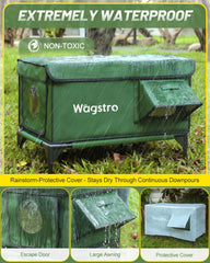 Wagstro casa de gatos calefaccionada exterior verde, vista lateral destacando techo impermeable.