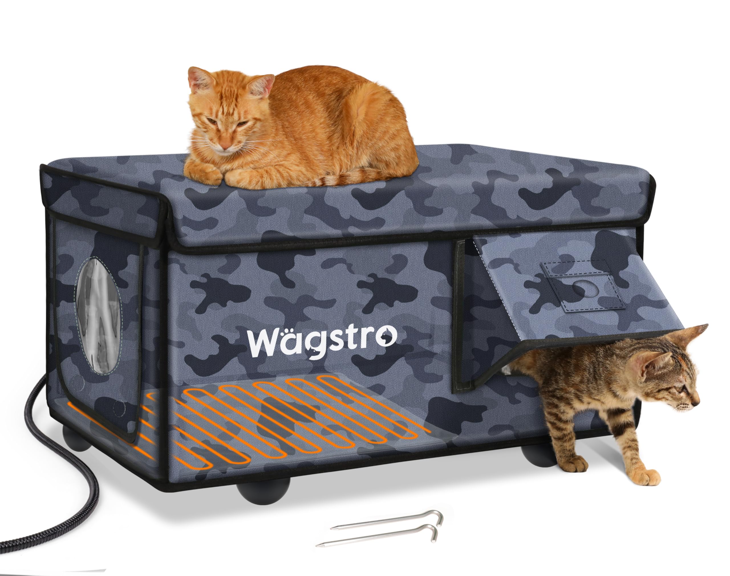 Wagstro casa caliente para gatos, frente, refugio al aire libre con calentamiento estable.