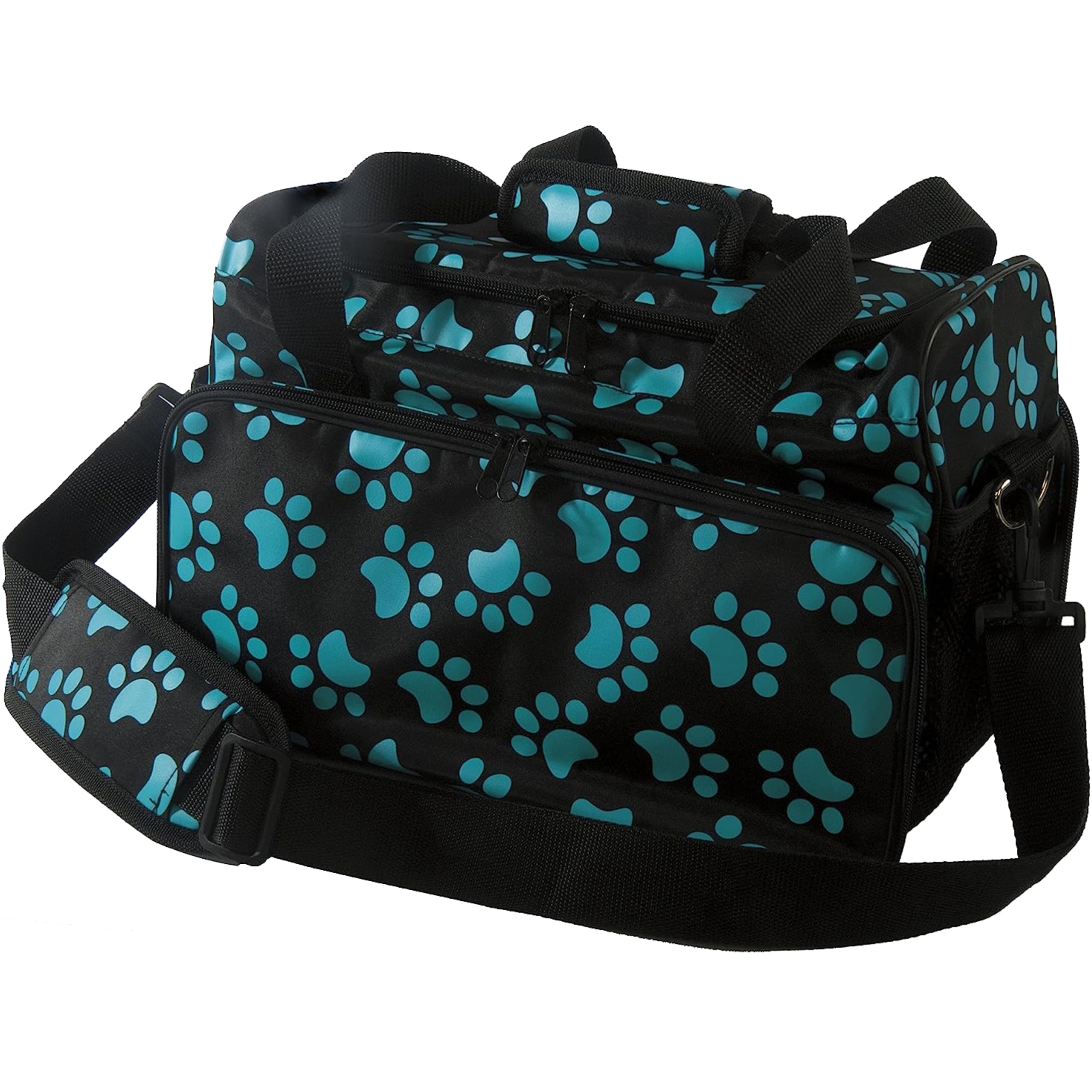 Bolso de viaje Wahl para mascotas con huellas turquesa, ideal para herramientas de cuidado.