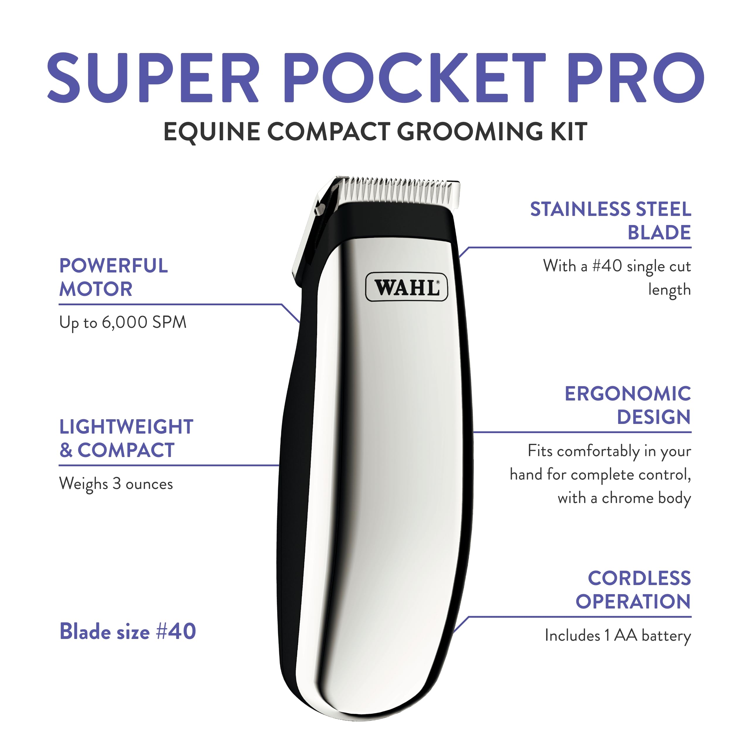 Wahl Equine Super Pocket Pro con cuchilla 40 para recorte preciso.