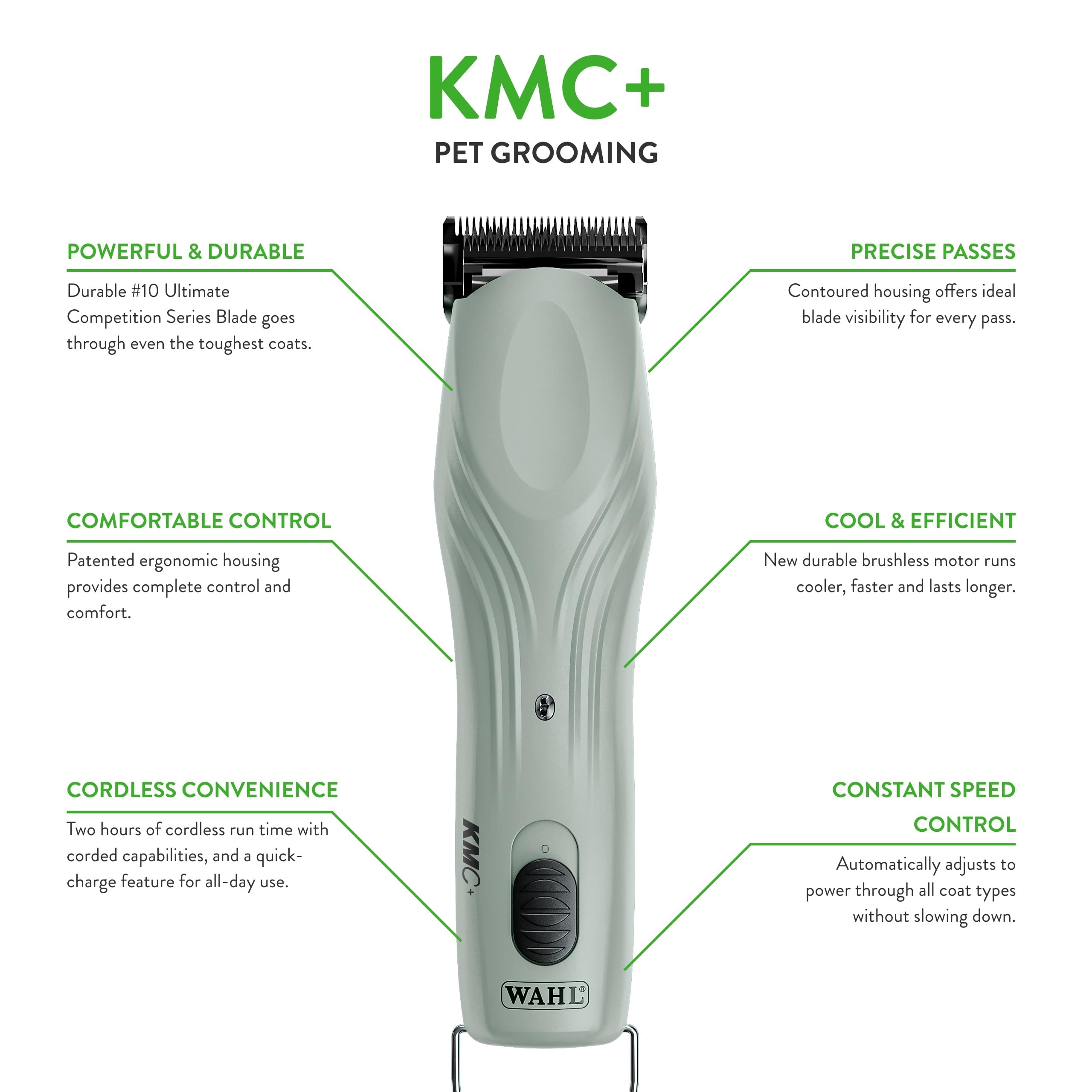 Wahl Professional Animal KMC+ mango ergonómico para sesiones de aseo cómodas.