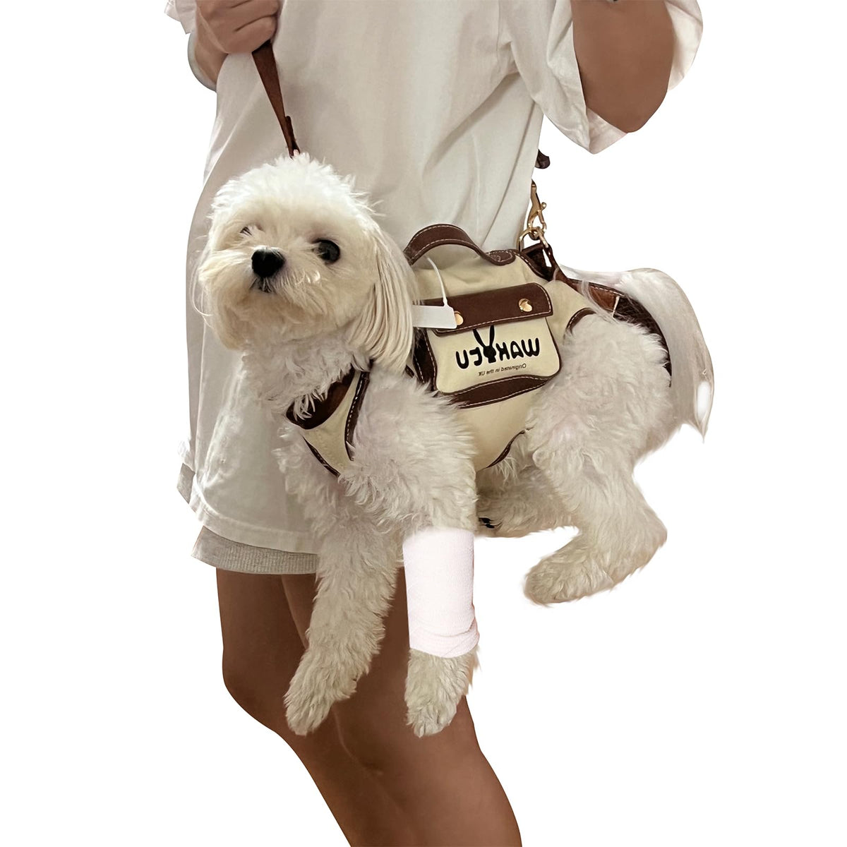 Wakytu arnés perro elevación muestra diseño ergonómico para paseos cómodos.