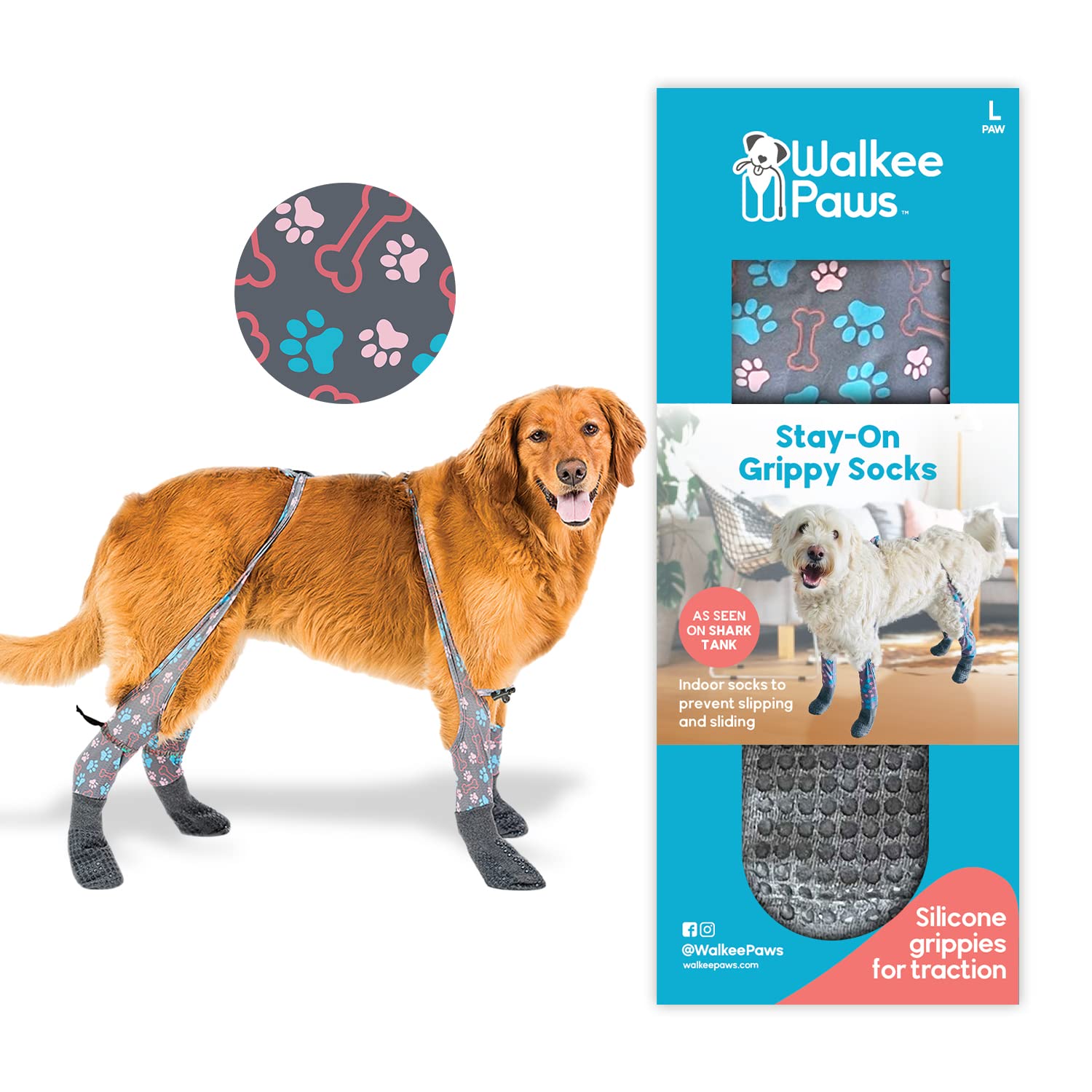 Calcetines Walkee Paws con agarre de silicona para evitar resbalones en superficies lisas.