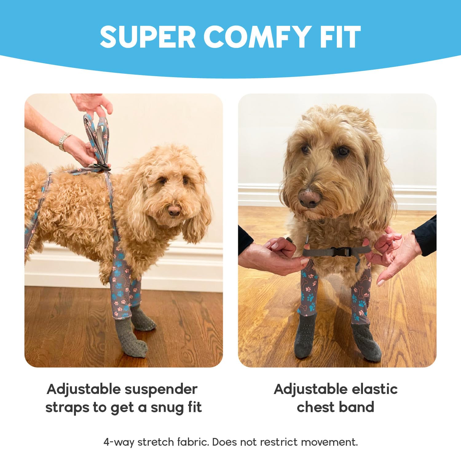 Ajuste inclusivo de Walkee Paws con correas y longitud regulable.