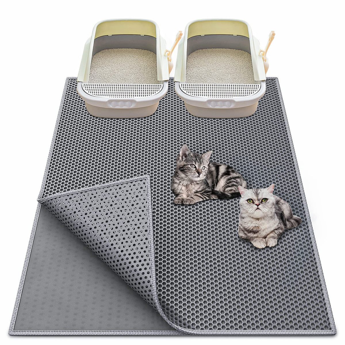 Alfombra Waretary para arena de gato, vista frontal, captura partículas y reduce desorden.