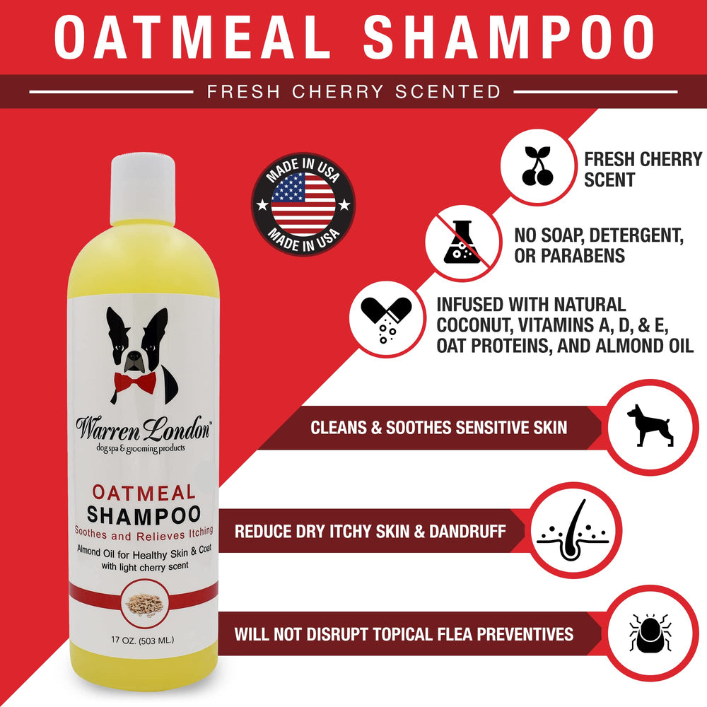 Etiqueta visible del champú Warren London para perros, énfasis en ingredientes naturales.