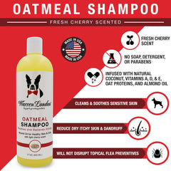 Etiqueta visible del champú Warren London para perros, énfasis en ingredientes naturales.