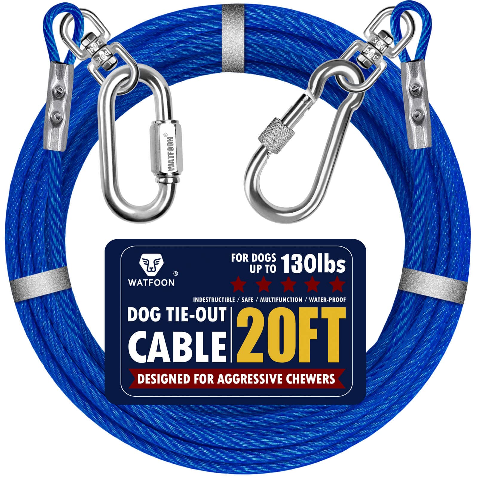 Watfoon cable de acero 20 ft azul, resistente para uso exterior con perros.