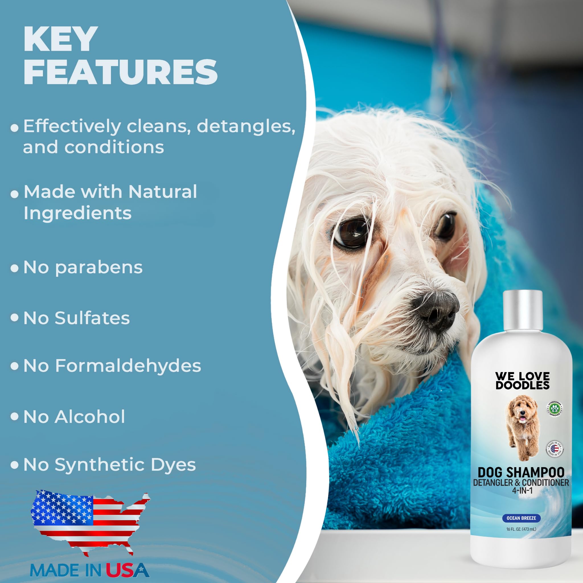 Acondicionador We Love Doodles para perros facilita desenredar el pelaje y reduce nudos.
