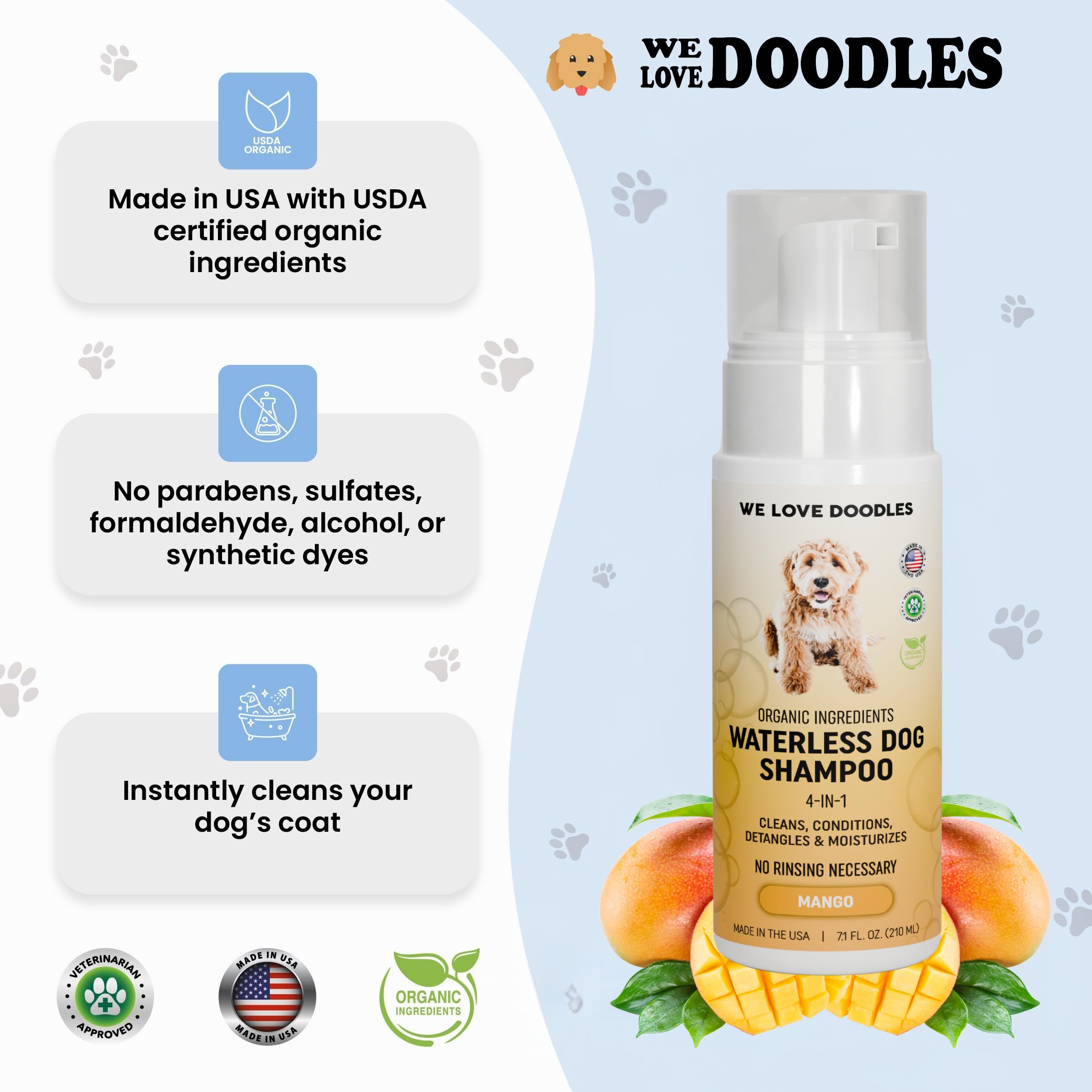 Aplicación de espuma en el pelo del perro para refrescar entre lavados